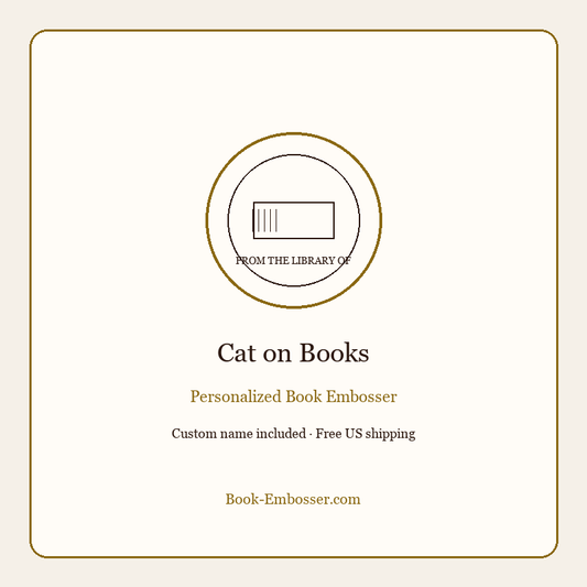 Cat on books personalized book embosser for cat lovers