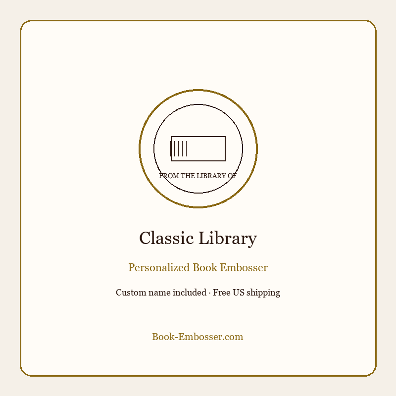 Personalized book embosser classic library design on white background