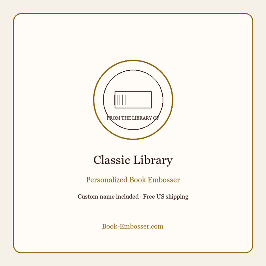 Personalized book embosser classic library design on white background